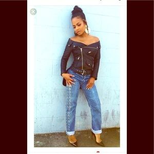 off shoulder PU leather moto jacket.